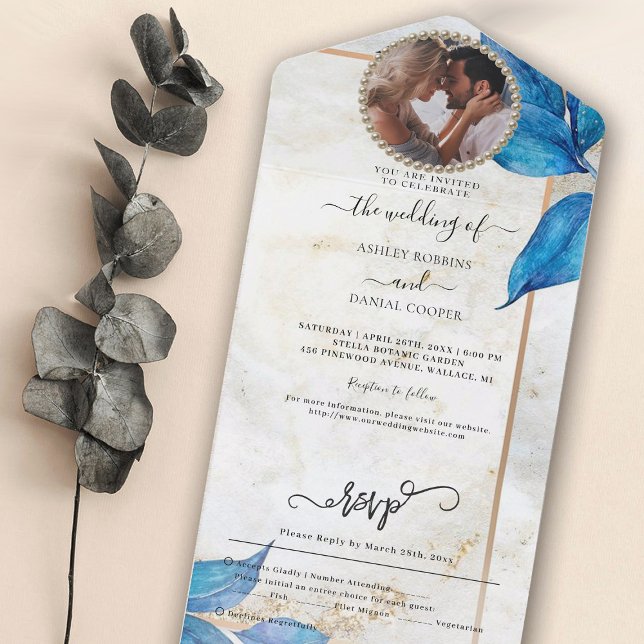 Casamento De Folhagem Azul Tudo Em Um Convite (Criador carregado)