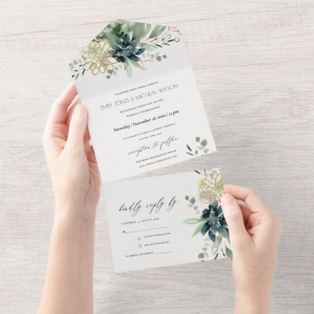 Casamento de Folhagem Verdes Suculentes Azul Elega (Aba destacável)
