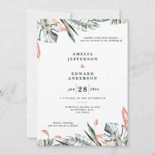 Casamento de folhas de cor rosa-coral e folha trop