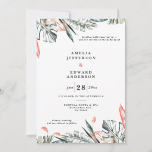 Casamento de folhas de cor rosa-coral e folha trop