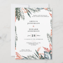 Casamento de folhas de cor rosa-coral e folha trop