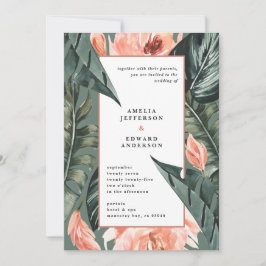 Casamento de folhas de cor rosa-coral e folha trop