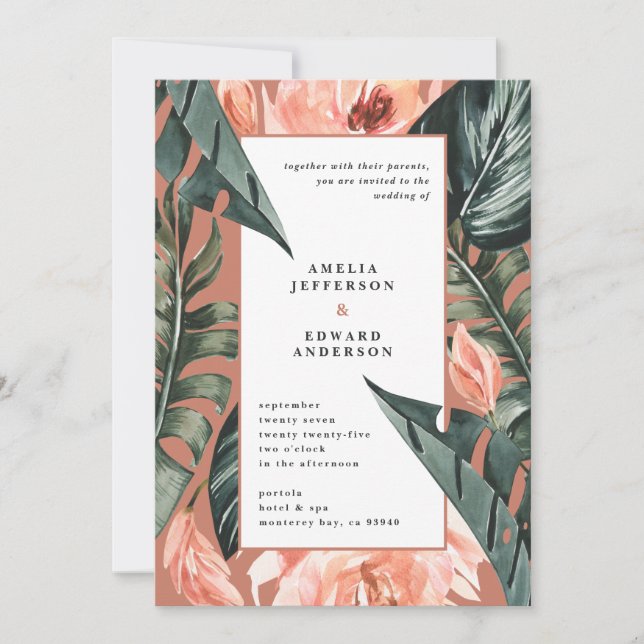 Casamento de folhas de cor rosa-coral e folha trop (Frente)