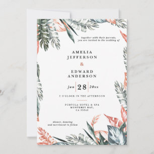 Casamento de folhas de cor rosa-coral e folha trop