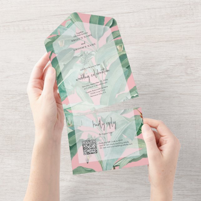 Casamento de Folhas Tropicais de Banana Rosa (Aba destacável)