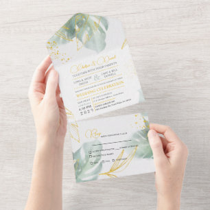 Casamento de Folhas Tropicais Douradas e Verde Sag