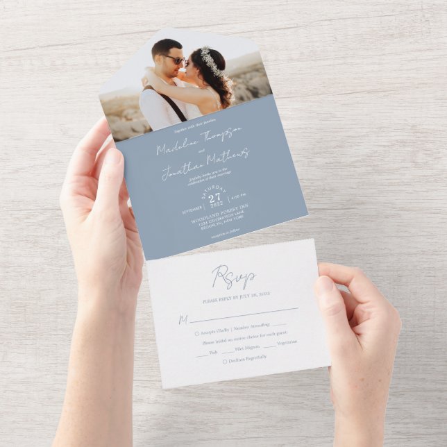 Casamento De Foto Azul Moderno Dusty Rsvp (Aba destacável)