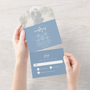Casamento de Foto Azul Simples Monograma Dusty
