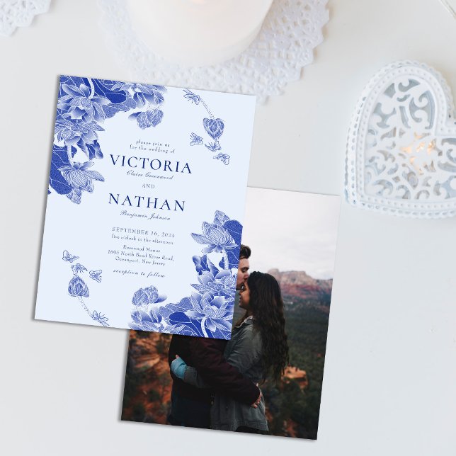 Casamento de Foto Chic Chinoiserie Floral Blue (Criador carregado)