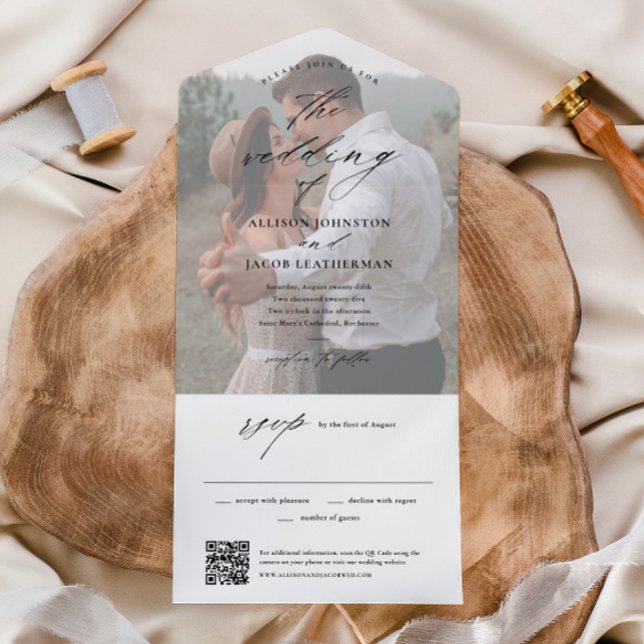 Casamento de Foto com QR Code Elegante (Elegant Script Photo Wedding All in One Invitation with Tear off  RSVP Card.)