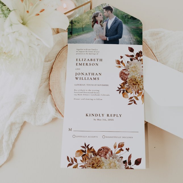 Casamento de Foto de Outono (Autumn Photo Floral Wedding All In One Invitation by Painted Paperie
)