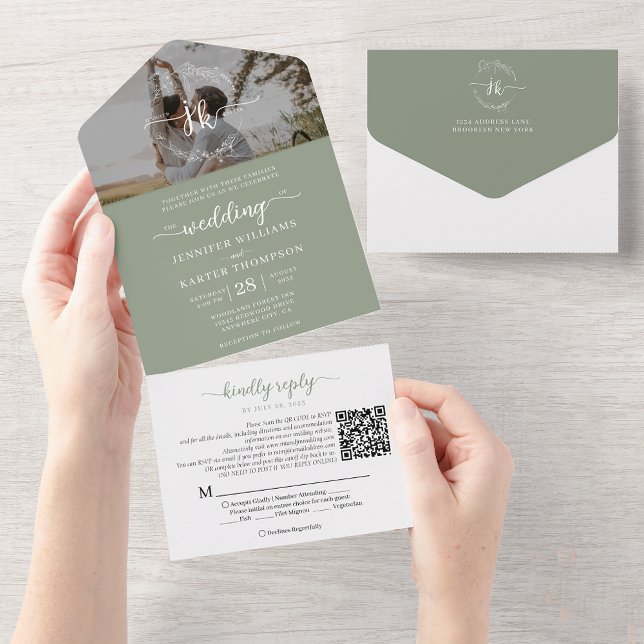 Casamento de Foto do Código QR do Monograma Verde  (Criador carregado)
