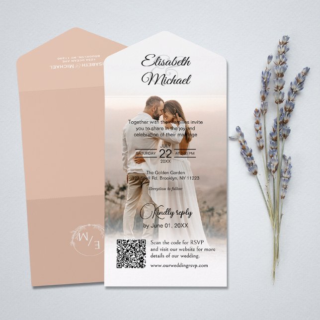 Casamento de Foto do Código QR do Peach legante (All-in-one wedding invitation with QR code to RSVP - Simplify and save time for you and your guests.)