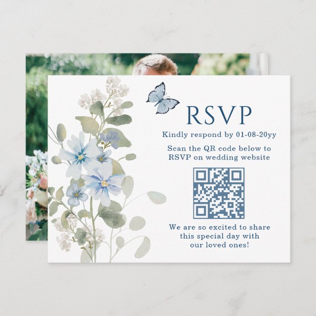 Casamento de Foto do Código QR RSVP Floral Românti (Frente/Verso)