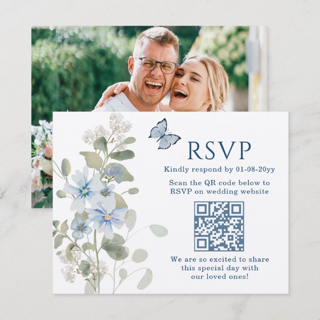 Casamento de Foto do Código QR RSVP Floral Românti (Frente/Verso)