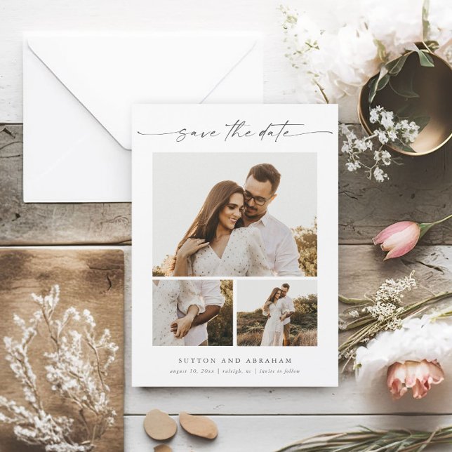 Casamento de Foto do Script Moderno 3 Salve o ímã  (An elegant 3 photo wedding save the date magnet with handwritten script and minimal typography.)