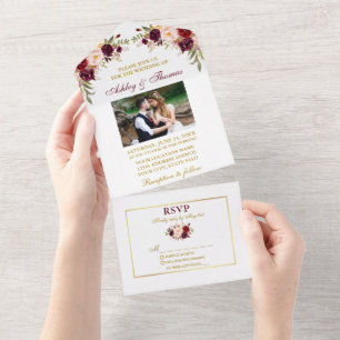 Casamento de Foto Floral de Watercolor Burgundy Do
