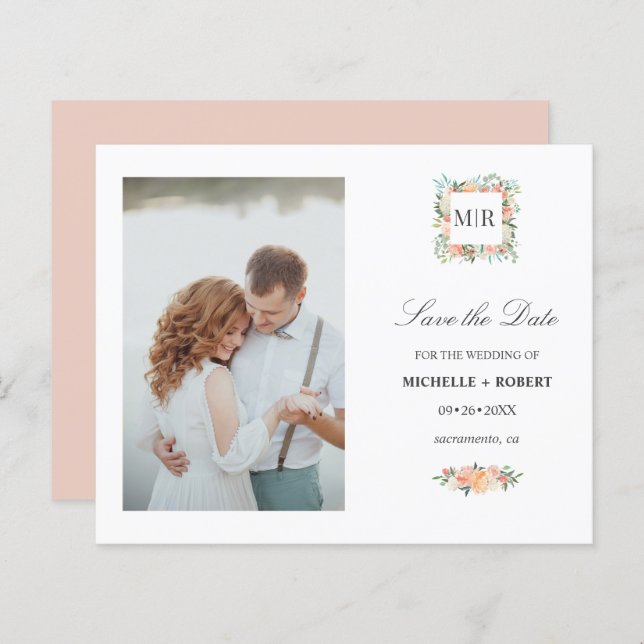 Casamento de Foto Floral Rosa Monograma SALVAR A D (Frente/Verso)