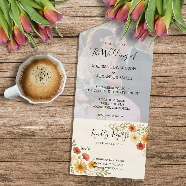 Casamento de foto floral russo do boho (Rustic boho watercolor floral photo wedding all in one invitation. Invitation and RSVP.)