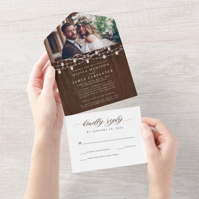 Casamento de Foto RSVP de Luzes de Corda de Madeir (Aba destacável)