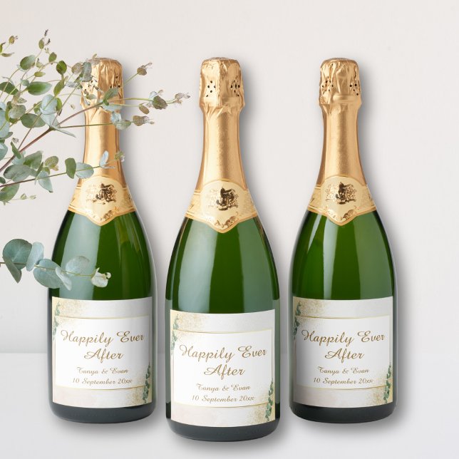 Casamento de Foto Verde e Dourado Elegante (Elegant Green & Gold Wedding Sparkling Wine Label)