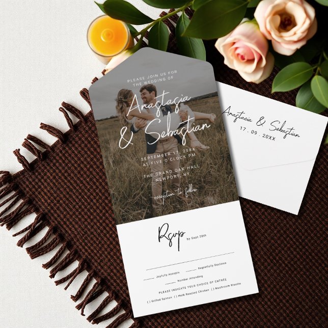 Casamento de Fotografia RSVP de Script Preto e Bra (Criador carregado)