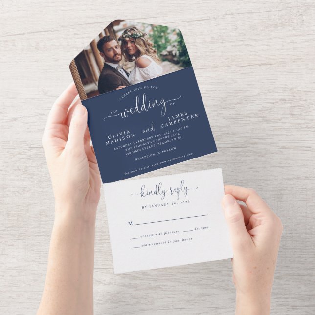 Casamento de Fotografias com Script Chic Azul Eleg (Aba destacável)