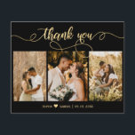 Casamento de Fotografias com Script Dourado e Pret<br><div class="desc">Orçamento, Elegante, Palavra Dourada e Negra (3) Colagem de Fotos Obrigado barato personalizado cartão THIN de baixo orçamento. modelo de cartões de agradecimentos de casamento com três fotos na frente e uma foto na parte traseira. ***POR FAVOR, NOTE! *** O PAPEL ORÇAMENTAL/FLYER É FINO. *** ATUALIZE O PAPEL PARA OBTER...</div>