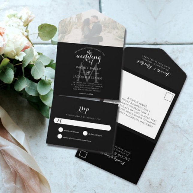 Casamento de Fotografias Simples a Preto e Branco  (Simple Monogram B&W Photo Wedding All In One Send-and-Seal Invite)