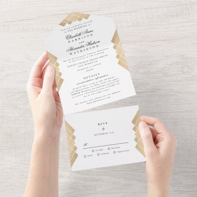 Casamento de Gatsby Geométrico Dourado Tradicional (Aba destacável)
