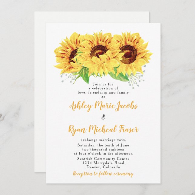 Casamento de Girassol Convite Aquarela Floral (Frente/Verso)