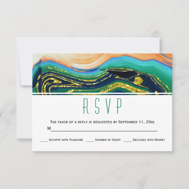 Casamento de goma dourada verde-azul RSVP (Frente)