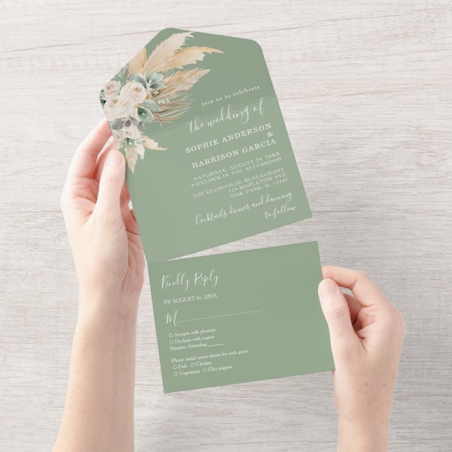 Casamento de Grass de Sage Green Boho Pampas (Aba destacável)