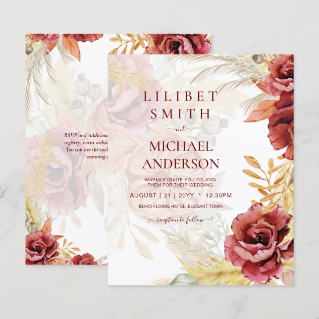 Casamento de Grass Rosa Pampas Burgundy BOHO (Frente/Verso)