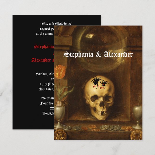 Casamento de Halloween, Gótico, Caveira, Convite P (Frente/Verso)