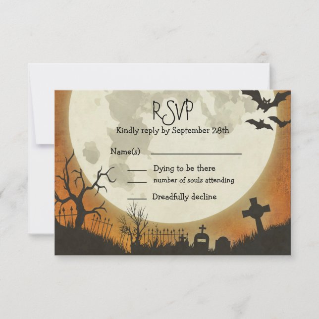 Casamento de Halloween RSVP em laranja com lua (Frente)
