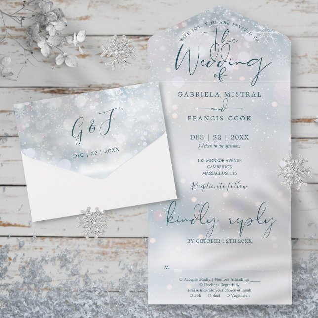 Casamento de Inverno Elegante Roteiro de Neve (Winter Wonderland Elegant Script Snow Wedding All In One Invitation)