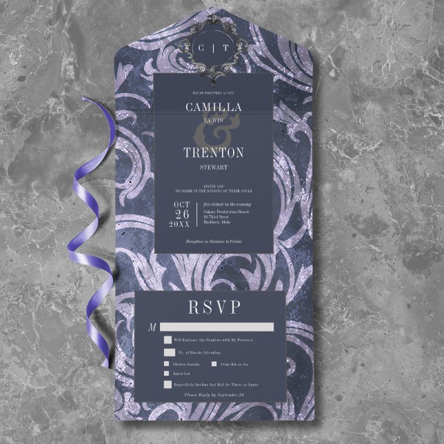 Casamento de Janto de Damasco Roxo-Roxo Gótico (Gothic Antique Purple Damask Dinner Wedding All In One Invitation)