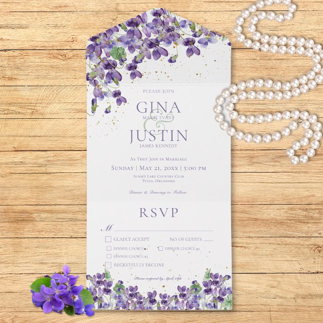 Casamento de Janto Roxo Rústico Violetas Douradas  (Rustic Purple Watercolor Violets All In One Dinner Wedding Invitation)