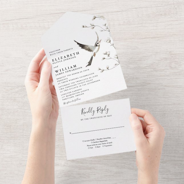 Casamento de Jardim Floral Chines Elegante Branco (Aba destacável)