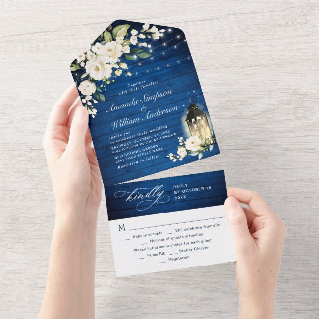 Casamento de Lanterna Real Azul de Rosas Brancas (Aba destacável)