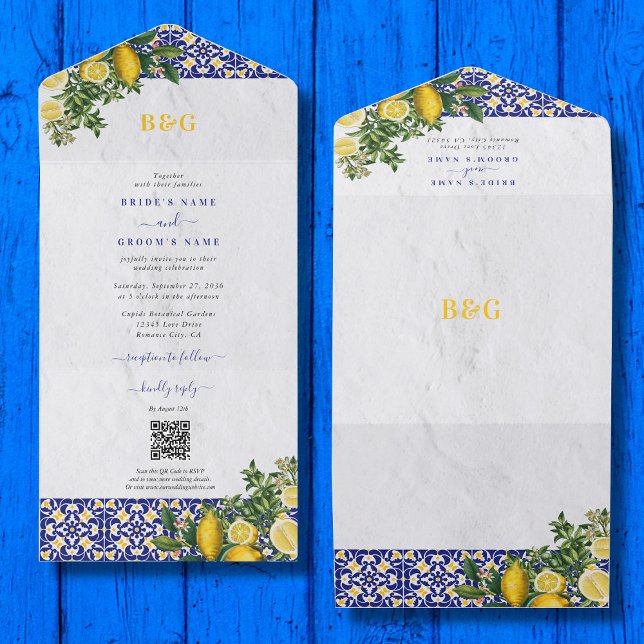 Casamento de limão-Azulejo Amarelo-Branco-Azul do  (Blue White Yellow Mediterranean Tile Lemon Wedding All In One Invitation)