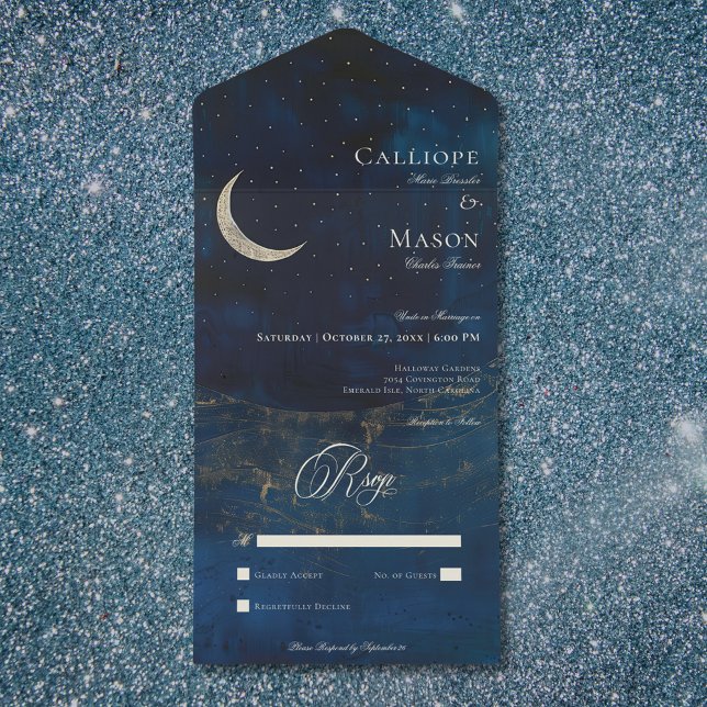 Casamento de Lua Celestial Blue Crescent Sem Janto (Celestial Blue Crescent Moon Wedding No Dinner All In One Invitation)