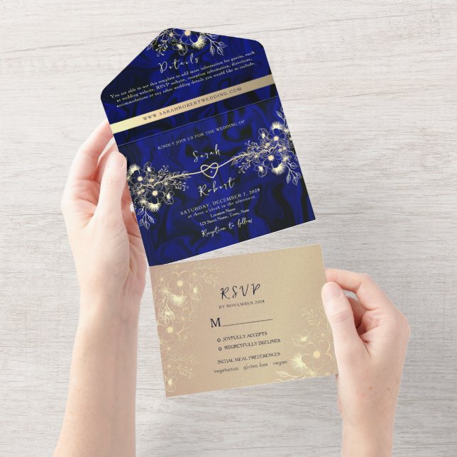 Casamento de Luxo Azul Real e Dourado (Aba destacável)