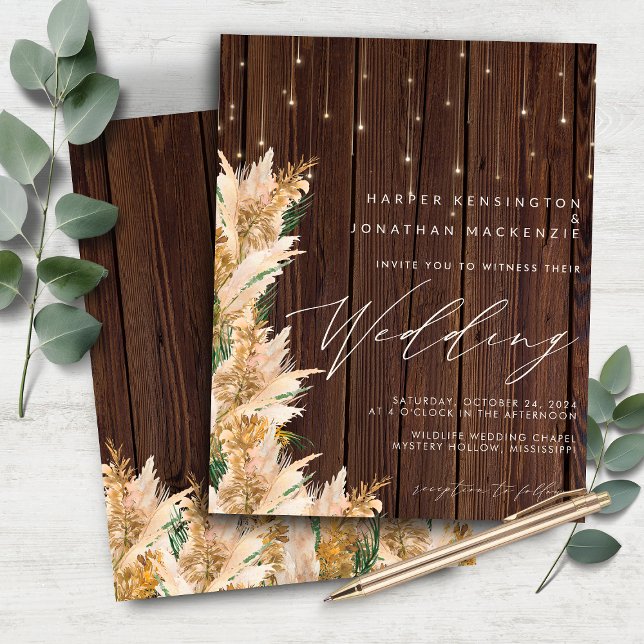 Casamento de Luzes de Brilho de Madeira de Grass P (BUDGET Pampas Grass Wood Twinkle Lights Wedding Invitation)