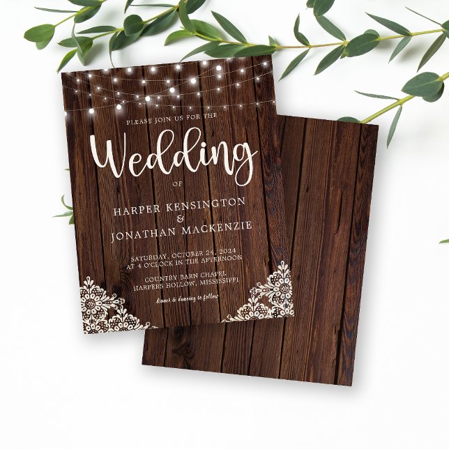 Casamento de Luzes de Corda de Madeira Rustic Wood (Rustic Wood Lace and String Lights Budget Wedding Invitation)