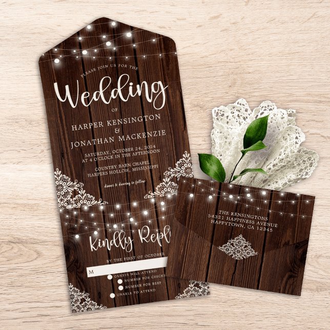 Casamento De Luzes De Corda De Madeira Rústica (Rustic Wood Lace String Lights Wedding All In One Invitation)