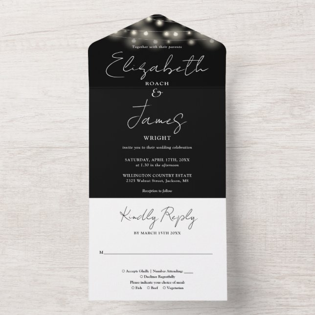 Casamento De Luzes De Cordas De Script Chic Preto  (Inside)