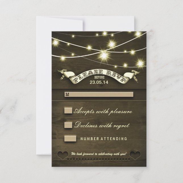casamento de madeira rústica no campo RSVP com luz (Frente)