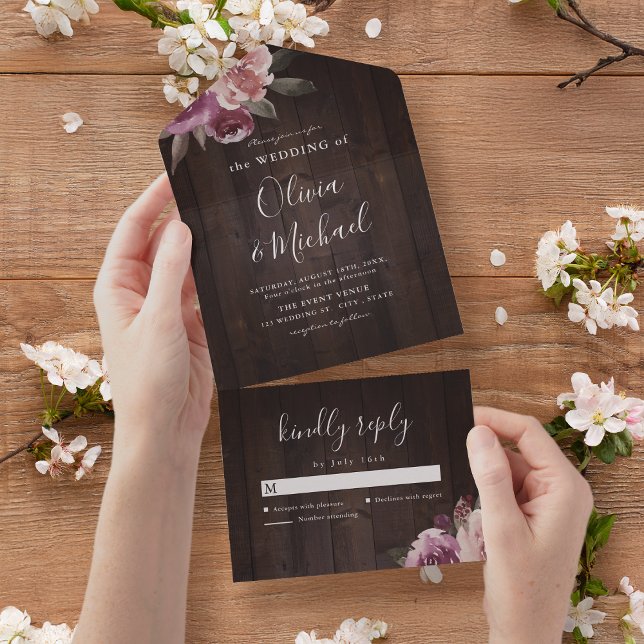 Casamento de madeiras rústicas florais e de amora (Mauve purple & mulberry floral rustic wood wedding all in one invitation)